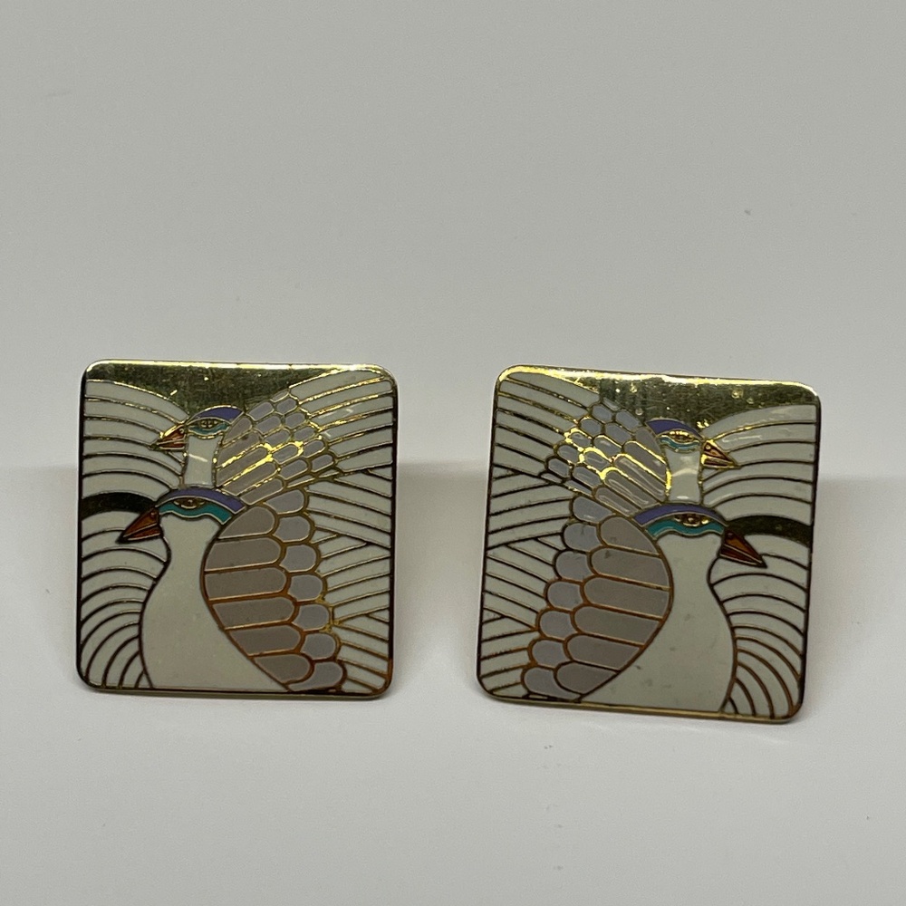 Vintage Laurel Burch MOONDOVES Ivory & Gold Tone GoldTone Bird  Earrings SIGNED